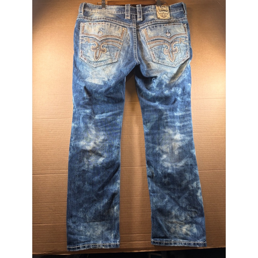 Rock Revival Kadd Straight Jeans Mens 40x30 Blue Distressed Bleach Wash Denim